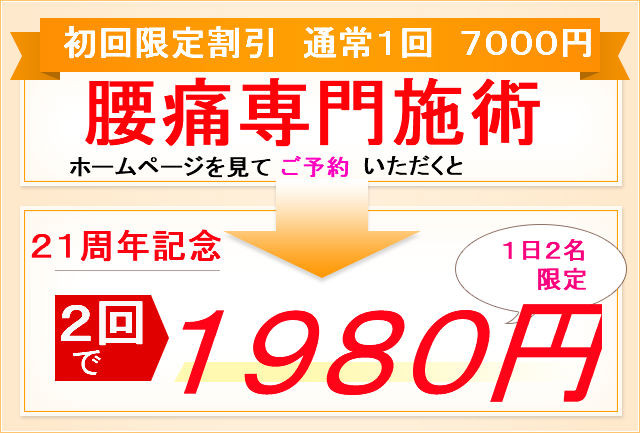 腰痛専門施術を初回限定７０００円を１９８０円ですという図
