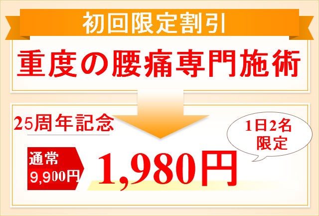 腰痛専門施術が初回限定9,9００円を１９８０円で行うイラスト図